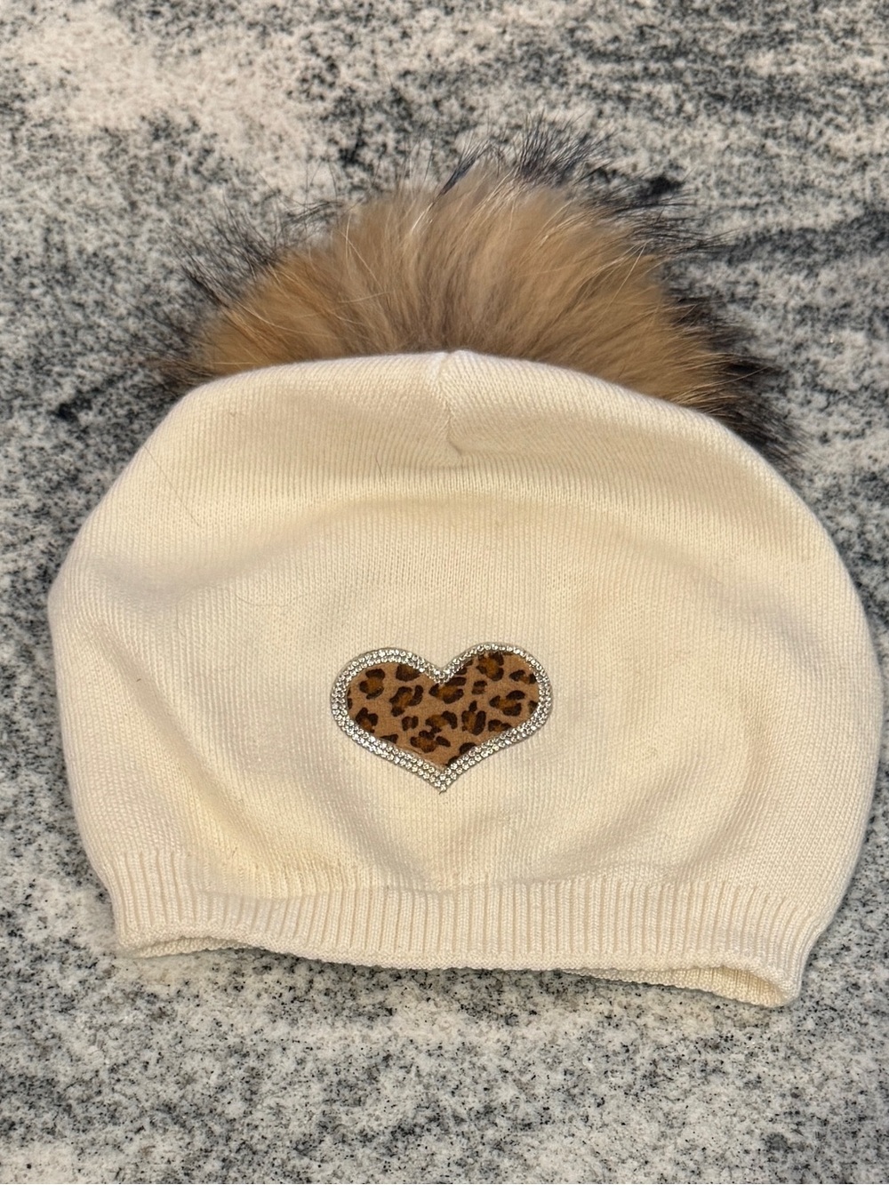 New Custom Designed Ivory Slouchy Pom Beanie with Leopard Print Heart